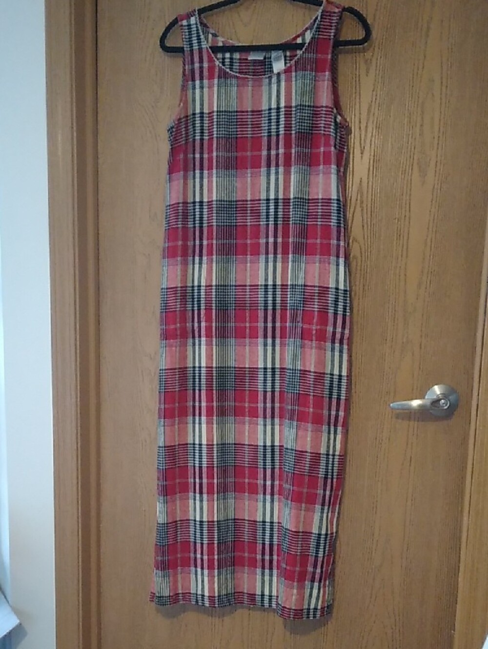 Vintage Emma James 90s Red Plaid Linen Sleeveless Shift Maxi Dress